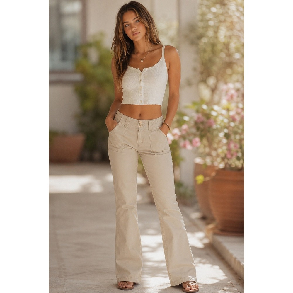 Gianni Bini Y2K Khaki Cotton Utility Bootcut Pants Safari Tan Low Rise 32X34